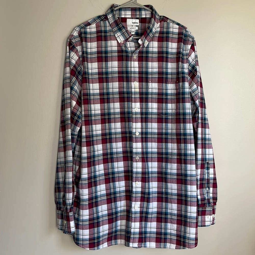 Sonoma Holiday Plaid Button Down Long Sleeve Cotton Shirt Size XLT Modern Fit
